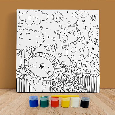 Kit Tela de Pintura Infantil Safari com Guache e Pincel