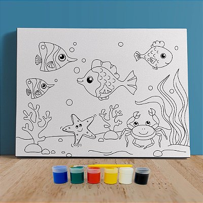 Kit Tela de Pintura Infantil Fundo do Mar com Guache e Pincel