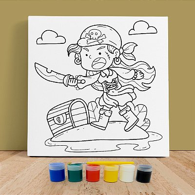 Kit Tela de Pintura Infantil Menina Pirata com Guache e Pincel
