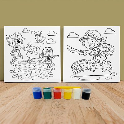 Kit 2 Telas de Pintura Infantil Piratas com Guache e Pincel