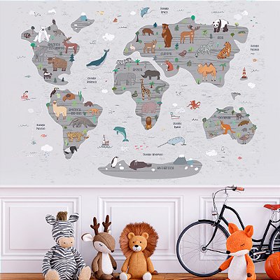 Painel Fotográfico Infantil Mapa Mundi Animais Cinza