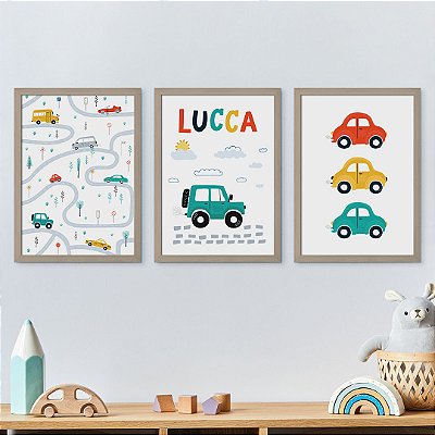 Kit Infantil 3 Quadros Carros com Nome Personalizado