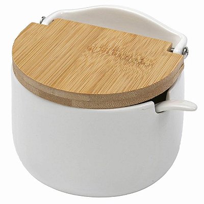 Saleiro de Mesa em Cerâmica com Tampa de Madeira e Colher de Porcelana - 10x9x9cm