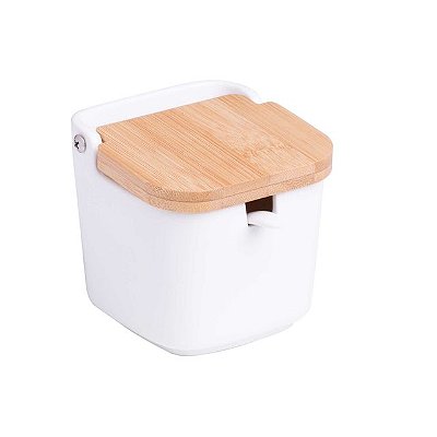 Saleiro de Mesa em Cerâmica com Tampa de Madeira e Colher de Porcelana - 9x9x8,5cm