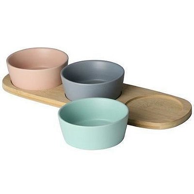 Conjunto Petisqueira - Bandeja de Bambu com 3 Potes de Cerâmica Coloridos