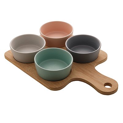 Conjunto Petisqueira - Bandeja de Bambu com 4 Potes de Cerâmica Coloridos