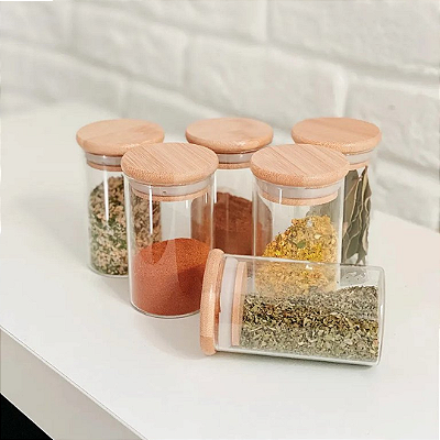 Kit 6 Porta Condimentos e Temperos em Vidro com Tampa De Bambu 210ml