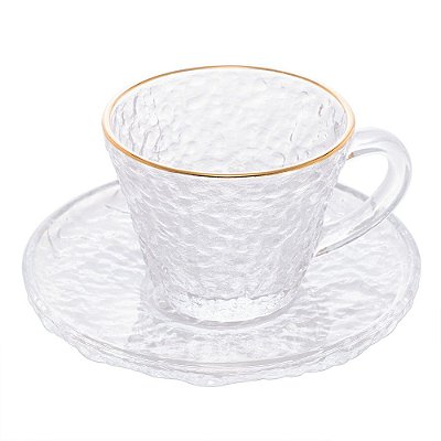 Xícara de Chá com Pires Vidro Martelado com Borda Dourada - Modelo Petra 180ml