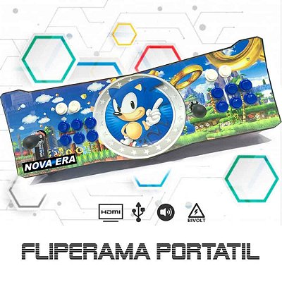 Fliperama Portátil, 26 mil Jogos, Estampa Sonic, Controle Arcade 2 Players