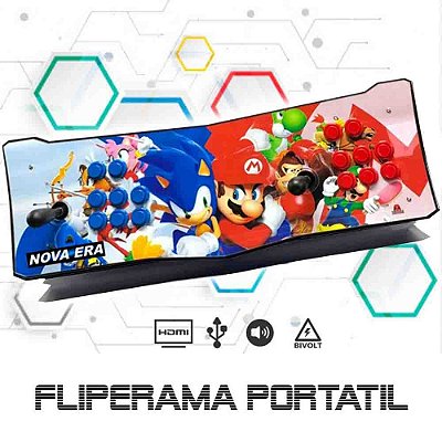 Fliperama Portátil, 30 mil Jogos, Estampa Sonic e Mario, Controle Arcade 2 Players