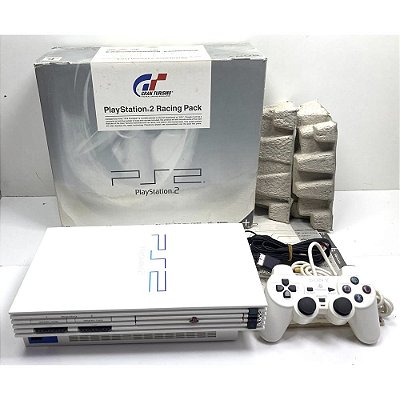 PlayStation 2, Branco Edição Gran Turismo, Na Caixa Seriado, 1 Controle, Modelo SCPH-55000 GT, PS2, (Usado)
