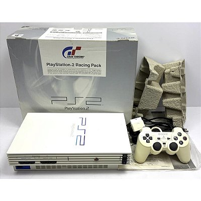 PlayStation 2, Branco Edição Gran Turismo, Na Caixa Seriado, 1 Controle, Modelo SCPH-55000 GT, PS2, (Usado)