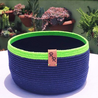 Cachepot de Corda de Algodão Azul, 6 mm, Detalhes em Verde Fluorescente e Couro