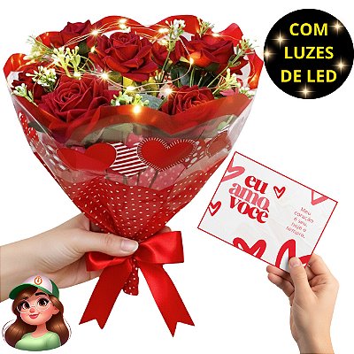 Buquê de Rosas Vermelhas Artificiais com Luzes de LED