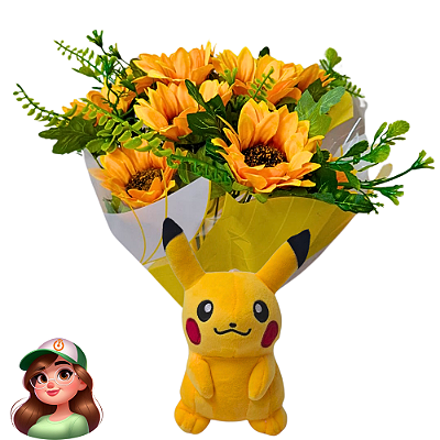 Buquê de Girassois Artificiais e Pikachu