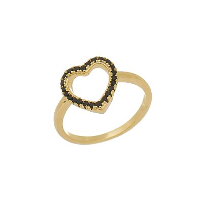 Anel Coração Vazado Zircônia Black Banhado a Ouro 18K