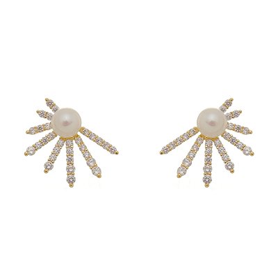 Brinco Flor Pérola e Zircônia Banhado a Ouro 18K