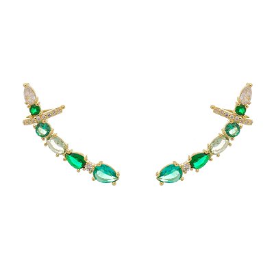 Brinco Earcuff Zircônia Verde Esmeralda Banhado a Ouro 18K