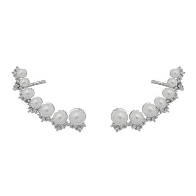 Brinco Earcuff Pérolas e Zircônia Banhado Ródio Branco