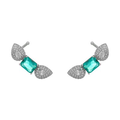 Brinco Mini Earcuff Verde Cravejado Banhado Ródio Branco