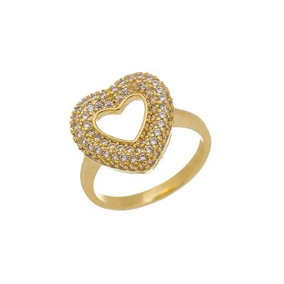 Anel Coração Vazado Alto Cravejado Banhado a Ouro 18K