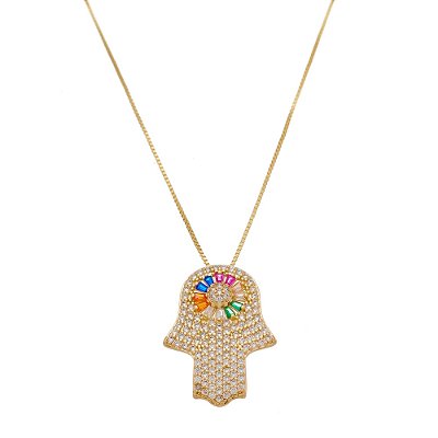 Colar Mão de Fátima Cravejado Detalhes Zircônia Colors Banhado a Ouro 18K