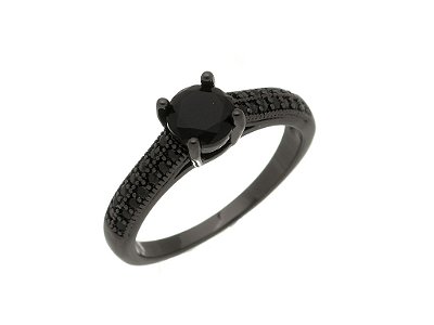 Anel Solitário Feminino Zircônia Black com Pedra Preta Banhado Ródio Negro Elegante e Sofisticado