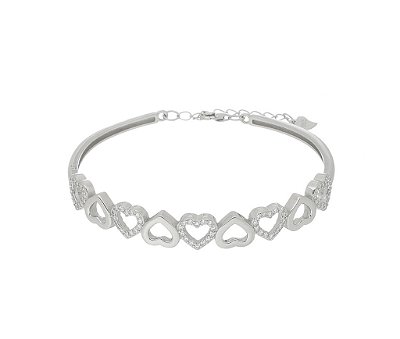 Bracelete Feminino Corações Vazados e Cravejados em Prata 925