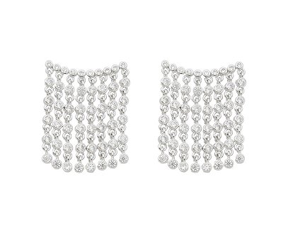 Brinco Feminino de Franja com Zircônias Banhado em Ródio Branco Semijoia Elegante