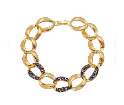 Pulseira de Elos com Zircônias Coloridas Banhada a Ouro Semijoia Sofisticada