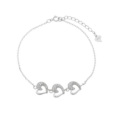 Pulseira Feminina Três Corações em Prata 925 com Zircônias