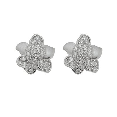 Brinco Prata 925 Feminino Flor Cravejada Minimalista Moderno