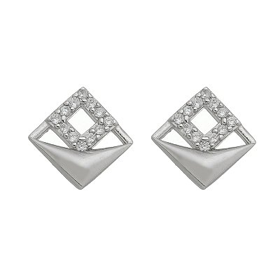Brinco Prata 925 Feminino Losango Cravejado Minimalista