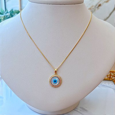 Colar Feminino Olho Grego Redondo Madre Pérola Cravejado Banhado Ouro 18K