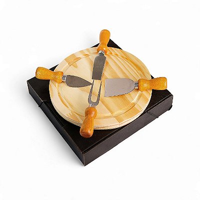 Kit Conjunto Tábua De Queijo e Frios Com Jogo de 4 Peças Faca / Garfo / Espátulas