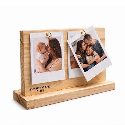 Porta Retrato Polaroid em Madeira Pinus com Base Personalizado