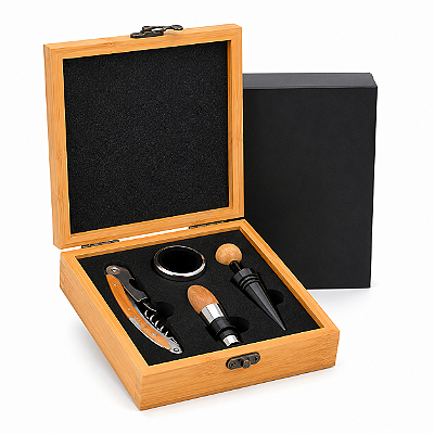 Conjunto para Vinho em Bambu 5 Peças Personalizado a Laser