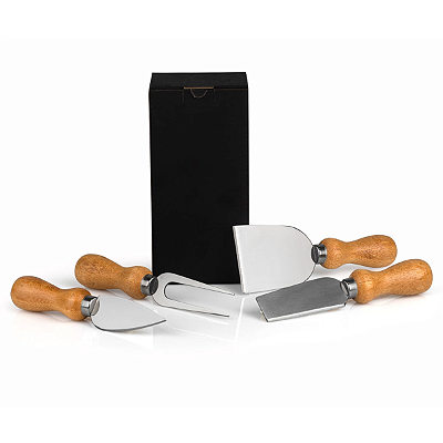 Conjunto para Queijos em Madeira e Aço Inox – 4 Peças Personalizado