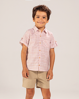 Camisa madeira manga curta Xadrez rosa