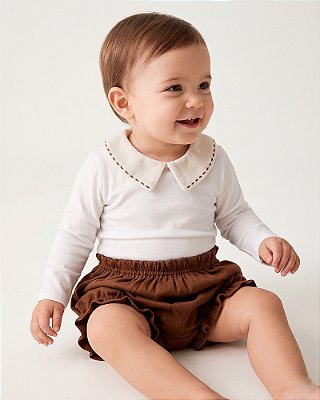 Body baby pontilhado Off-white + marrom