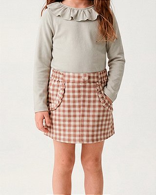 Short-saia babados Xadrez marrom