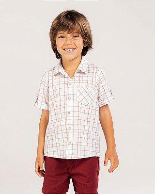 Camisa madeira manga curta Xadrez azul + bordô