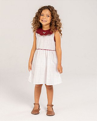 Vestido gola flor Xadrez areia