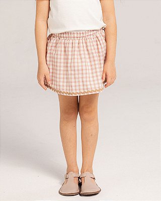 Short saia amêndoa Xadrez rosa e areia