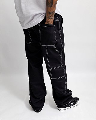 Calça Reta Sarja Carpinteiro (preta linhas brancas)