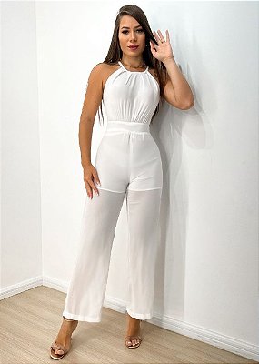 Macacão Feminino Pantalona Frente Única Branco