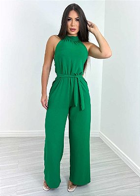 Macacão Feminino Liso Pantalona Gola Alta Verde
