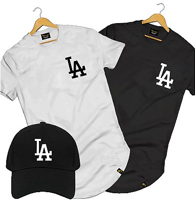 Kit 2 Camisas Camiseta Longline Algodão LA Los Angeles + Boné Preto  LA LK01