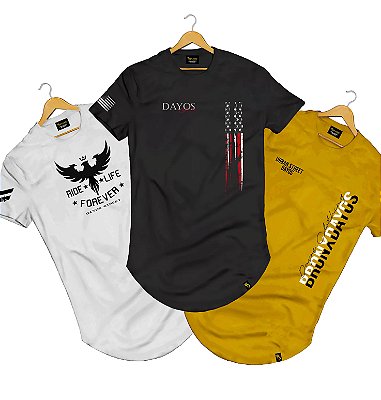 Kit 3 Camisa Camiseta Masculina Longline Algodão StreetWear Aguia Usa American LK15
