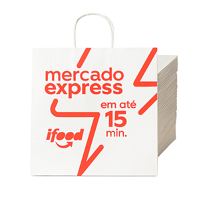 Kit 50 Sacolas Kraft Branca Ifood Mercado Express – 28x32x17,5 cm